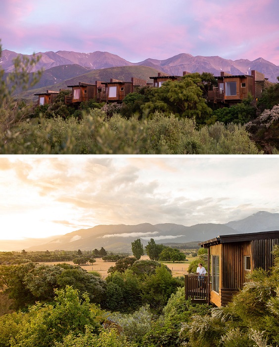 Современный загородный отель, расположенный на оленеводческой ферме на Южном острове Новой Зеландии, предлагает отдохнуть в уютных домиках на дереве (Hapuku Lodge + Tree Houses).