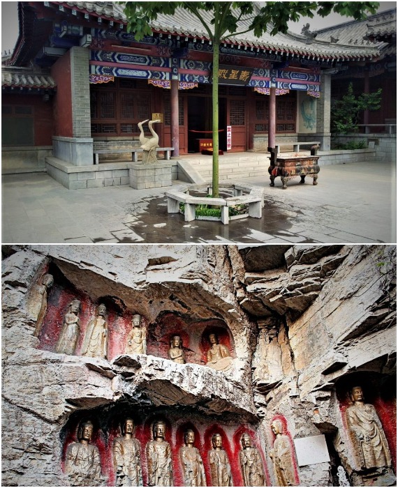 На территории Парка тысячи Будд находится множество храмов и пещер и принадлежат они не только буддистам (Mountains of a Thousand Buddhas Park, Китай).