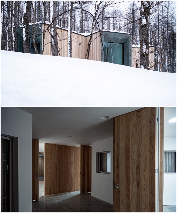 Для отделки фасада и интерьера лесной резиденции использовалось натуральное дерево, преимущественно, местный кедр (House in the Forest, Япония).