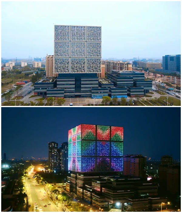 «Куб» впечатляет как в дневное время, так и темное время суток, поражая динамичностью светоэффектов (кластер Xiaoshan Innovation Polis, Китай).