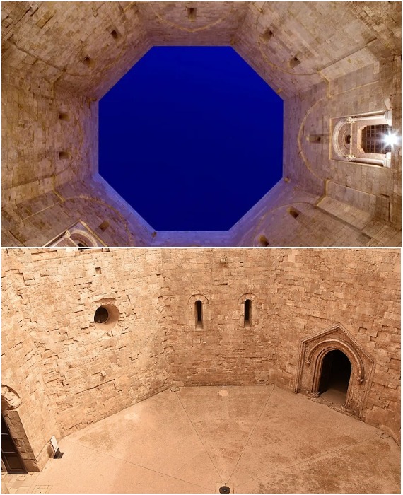 Восьмиугольный внутренний двор напоминает гигантский колодец, на дне которого в былые времена был бассейн или фонтан (Кастель-дель-Монте, Италия).