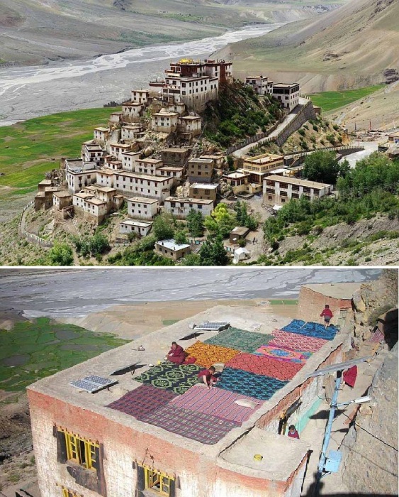 Медитации проходят на плоских крышах зданий, из которых соткан монастырский комплекс (Key Gompa, Индия).