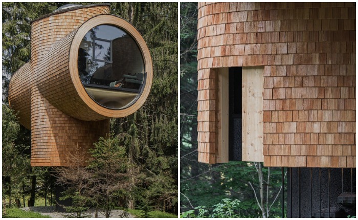 Из-за пандемии строительство эко-отеля задержалось, но экспериментальный модульный домик на дереве уже готов (концепт Bert Tree House).