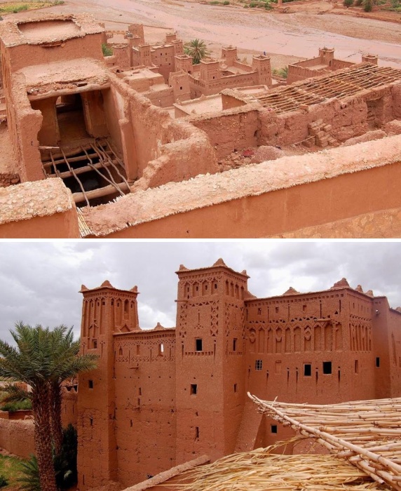 Глинобитные здания перекрывали бревнами и обмазывали раствором глины, а в качестве кровельного покрытия использовали сухой тростник (Ксар Айт-Бен-Хадду, Марокко).