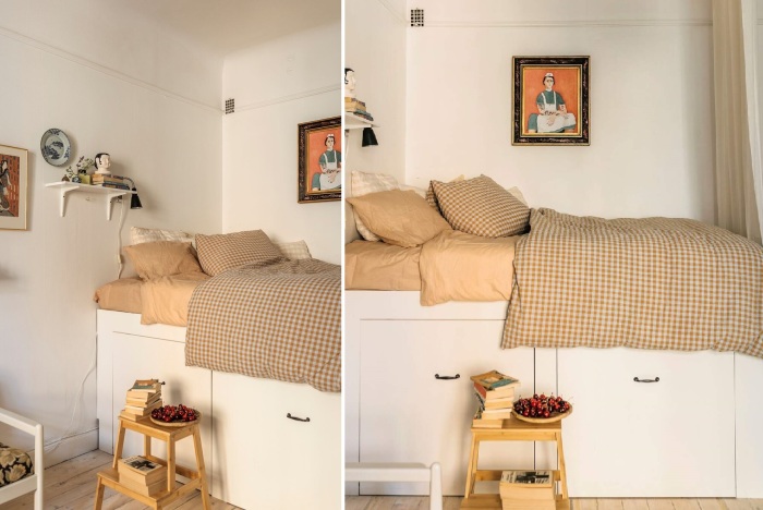 Кровать на подиуме с вместительными системами хранения – лучший выход для владельцев малогабаритных квартир с одной жилой зоной.