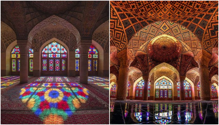 Солнечные лучи, проникая на рассвете сквозь разноцветные витражные окна, превращают внутреннее пространство мечети Насир аль-Мульк в ослепительный лабиринт (Ширазе, Иран).