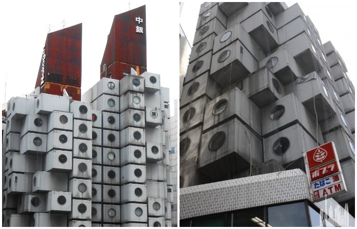 Последние два года здание Nakagin Capsule Tower обнесено козырьком-сеткой, чтобы прохожим на голову не падали обломки бетона (Токио, Япония).