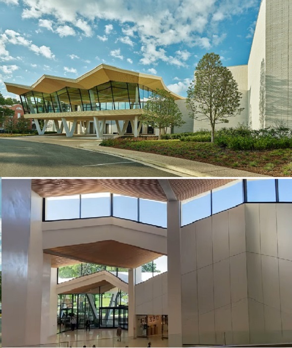 Соединительная крыша является не только узнаваемым и эстетически привлекательным элементом, она обеспечивает дополнительными пространствами (рендеринг Museo de Bellas Artes de Arkansas).