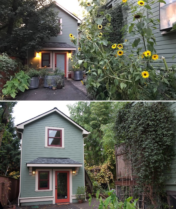 Двухэтажный гараж в благоухающем саду.