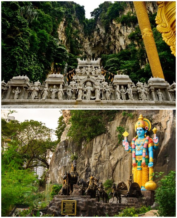 Территория пещерного храмового комплекса изобилует яркими скульптурами (Batu Caves, Малайзия).