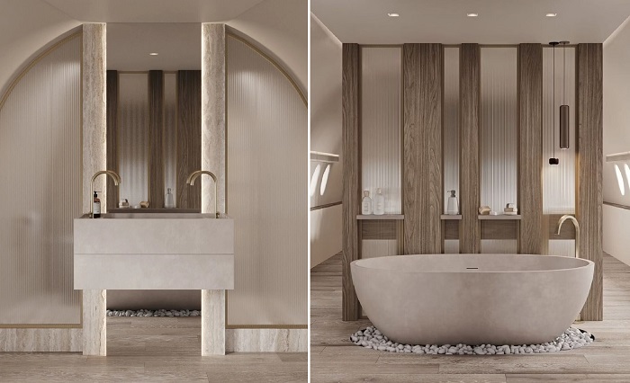 Стильный интерьер ванной комнаты в переоборудованном Боинге 737 (визуализация Private Jet Villa).