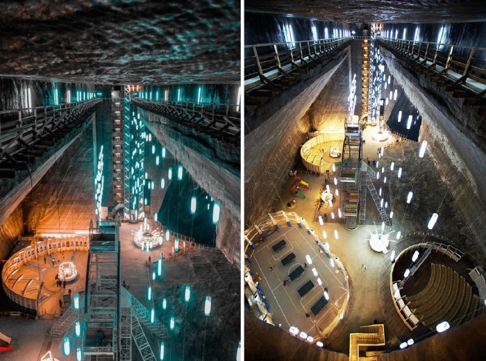 Фантастическая подсветка делает шахту еще более впечатляющей (Salina Turda, Румыния).