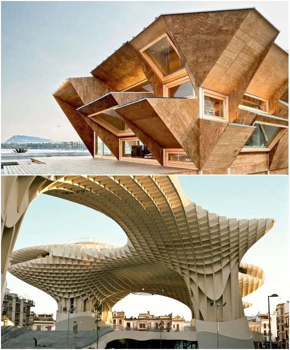 Примеры современного деревянного зодчества хоть и могут вызвать противостояние, но равнодушными точно никого не оставят (выставочный павильон Endesa в Барселоне и комплекс Metropol Parasol в Севилье).