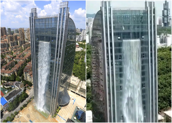 Водопад, стекающий с высоты 108 метров по стеклянному фасаду Liebian International Building, побил мировой рекорд (Гуйян, Китай).