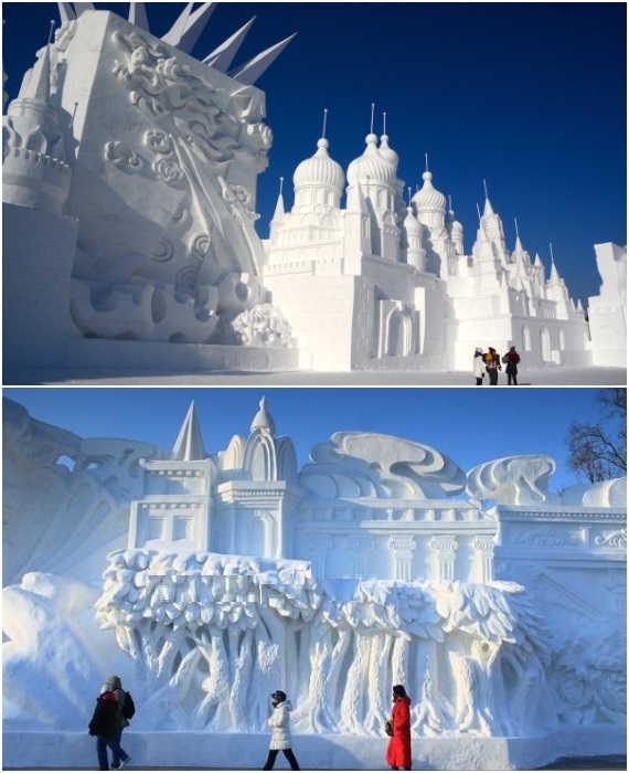 Снежные произведения искусства будут радовать посетителей вплоть до того дня, пока солнышко не превратит их в воду («Харбинский ледяной и снежный мир», Китай).