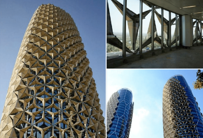 В зависимости от времени суток и траектории движения солнца меняется конфигурация защитного экрана и внешний вид башен (Al Bahar Towers, Абу-Даби).