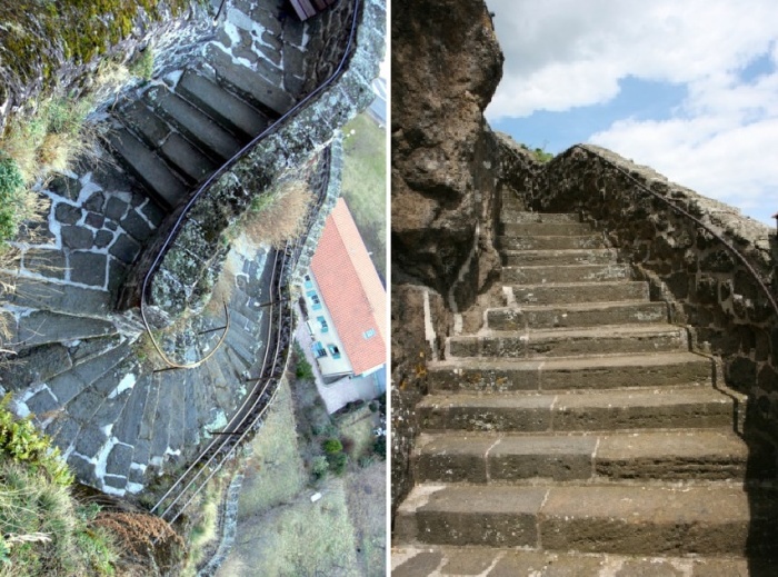Не каждый решится подняться на вершину скалы по каменным ступеням, опоясывающим ее отвесные стены (Saint-Michel d'Aiguilhe, Франция).