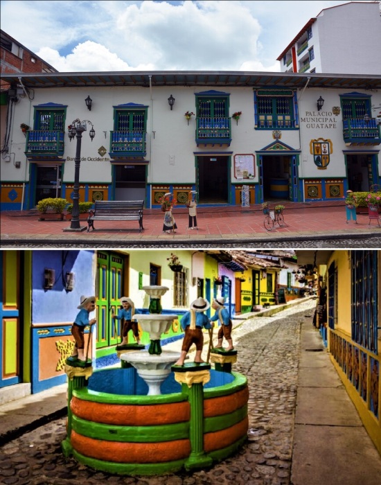 На пешеходных улицах и городских площадях можно увидеть еще и скульптуры (Guatape, Колумбия).