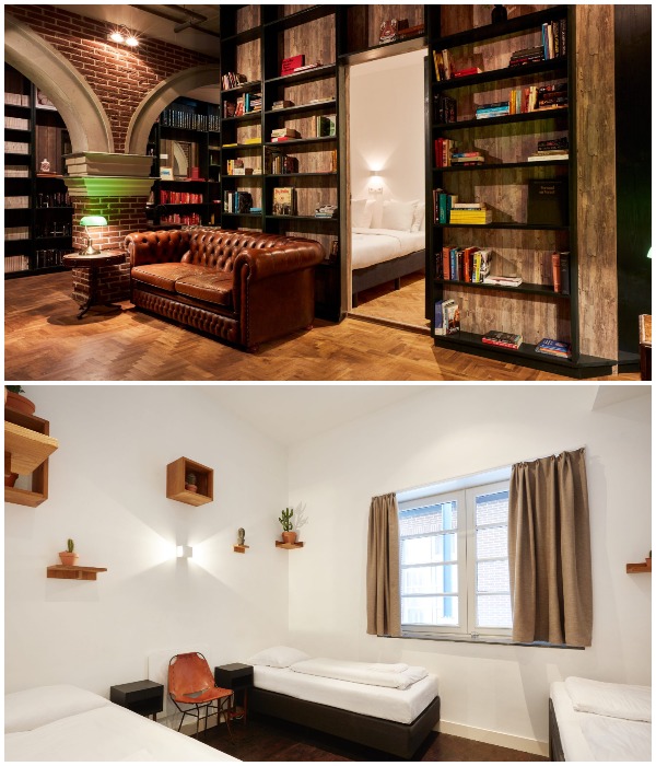 Есть более просторные номера, где помимо спального места предусмотрен кабинет, гостиная и ванна с туалетом (Hotel No Hotel, Амстердам).