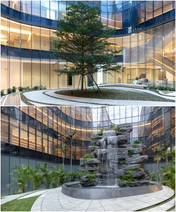 Гармоничная интеграция живой природы в офисное пространство (Infinitus Plaza, Гуанчжоу).