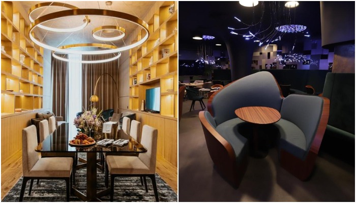 Эффектные светильники, абстрактных форм мебель создают особую атмосферу (The Veil Astana, Казахстан).