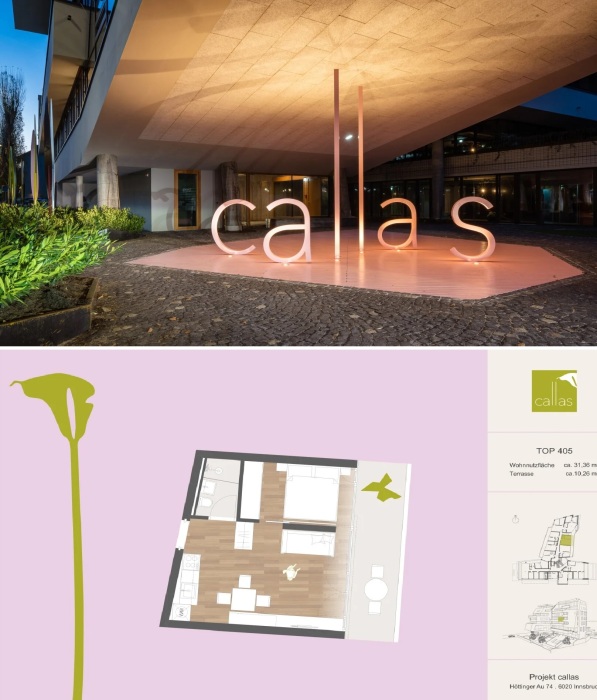 Входная часть комплекса CALLAS, планировка квартиры-студии и его план-чертеж (Инсбрук, Австрия).