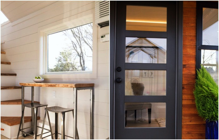 Обилие окон и стеклянная дверь помогают стереть грань меду внутренним пространством и живописным пейзажем (The Elsa tiny home).