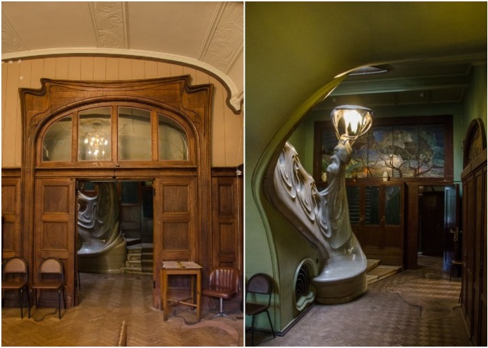 Из вестибюля можно увидеть скульптурную лестницу, изготовленную из эстонского вазалеммаского мрамора (особняк С. П. Рябушинского, Москва).