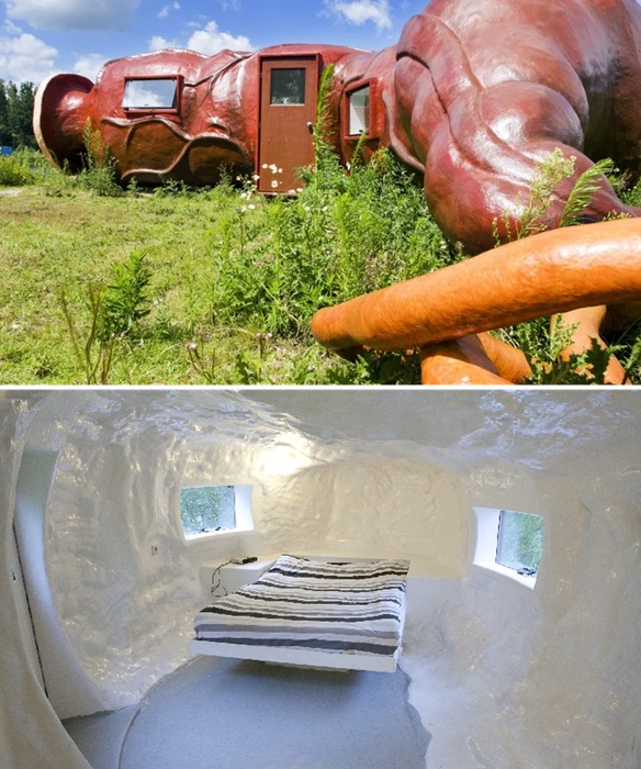 Изогнутая внутренняя часть «кишечника» превратилась в уютный номер. Изогнутая внутренняя часть «кишечника» превратилась в уютный номер.