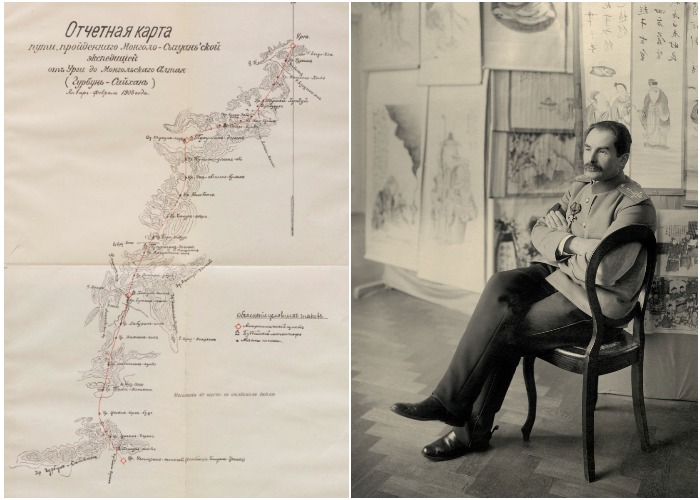 Русский географ Петр Козлов и карта маршрута, по которому прошла первая экспедиция в поисках мертвого города Хара-Хото.