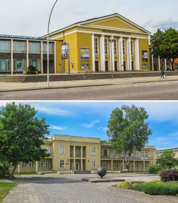 Общественные здания имели монументальный вид и мало чем отличались от архитектурных объектов с подобным функционалом в СССР (Айзенхюттенштадт, Германия).