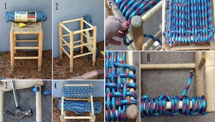 Еще один способ создание табурета с плетенным сиденьем.