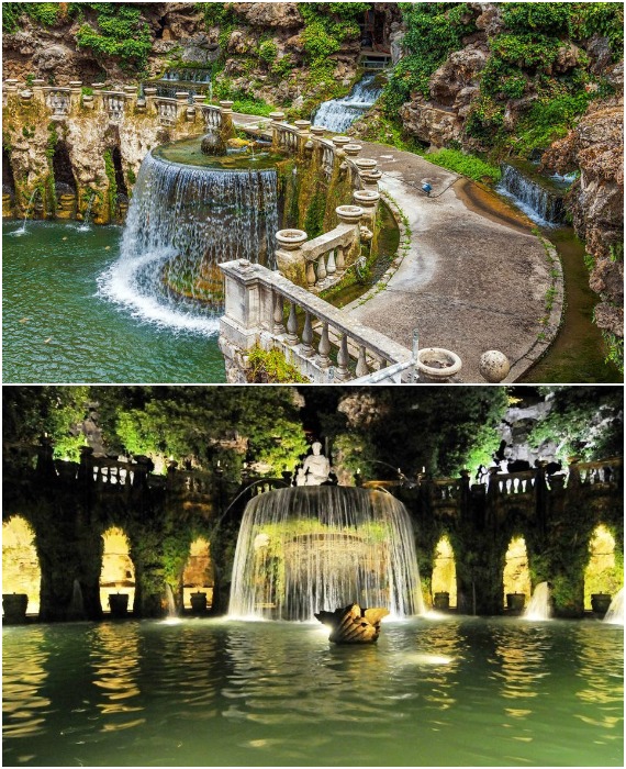 Овальный фонтан, за которым спрятан туннель для отдыха, рукотворная скала и множество гротов (Villa d’Este, Тиволи).