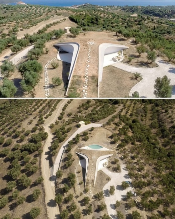 Эффектная интеграция летней резиденции-холма Villa Ypsilon в ландшафт полуострова Пелопоннес (Греция).
