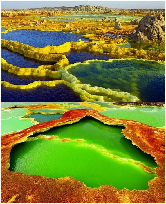 Инопланетная красота озера, способного менять цвет воды, в зависимости от того, какие минералы преобладают (вулкан Даллол, Эфиопия).