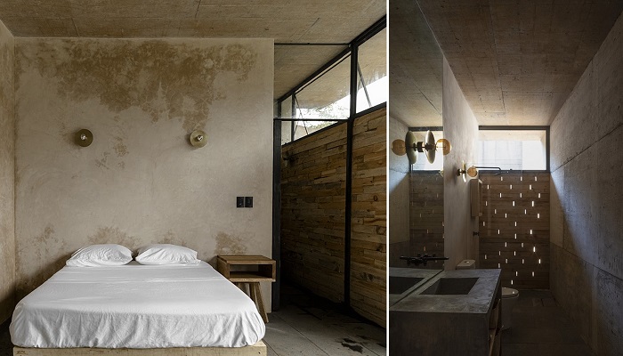 Супружеская спальня с ванной комнатой в подземной части загородного дома (The Avocado House's, Мексика).