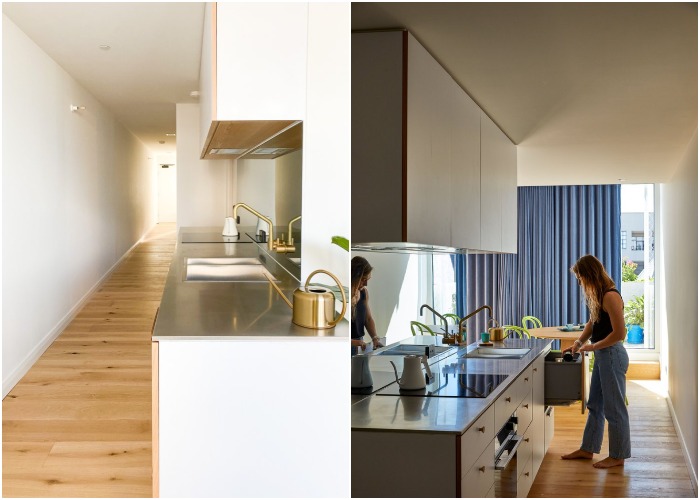 Линейный вариант обустройства кухонной зоны в экспериментальном жилом комплексе Terrace House (пригород Мельбурна, Австралия).