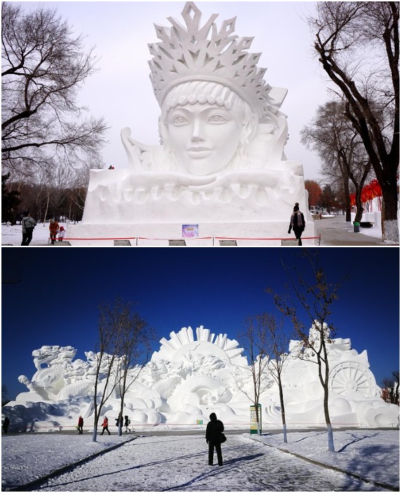Понадобилось 111 тыс. куб. метров снега для создания фееричной сказки, которую упорно создавали креативные скульпторы и их помощники (Harbin Ice-Snow World, Китай).