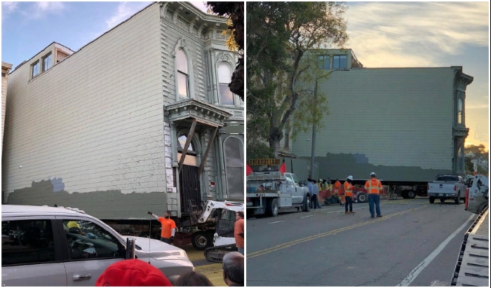 Старинный особняк Englander House срезали с фундамента и установили на платформы тягача (Сан-Франциско, США).