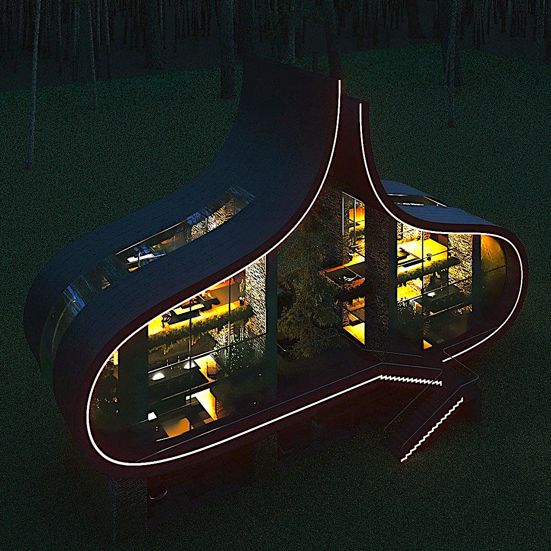 В ночную пору «Дом сестер-близнецов» превращается в еще более впечатляющий архитектурный объект. В ночную пору «Дом сестер-близнецов» превращается в еще более впечатляющий архитектурный объект.