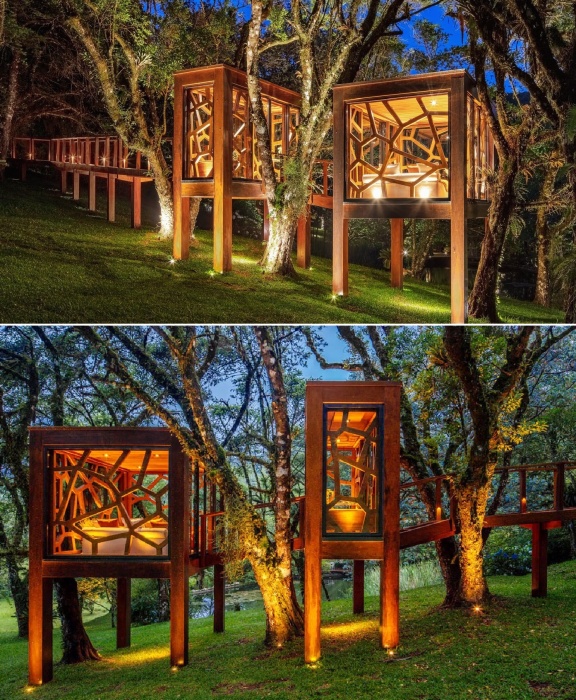 Освещение продумано так, чтобы подчеркнуть как архитектуру, так и окружающую природную зону (TREE HOUSE, Бразилия).