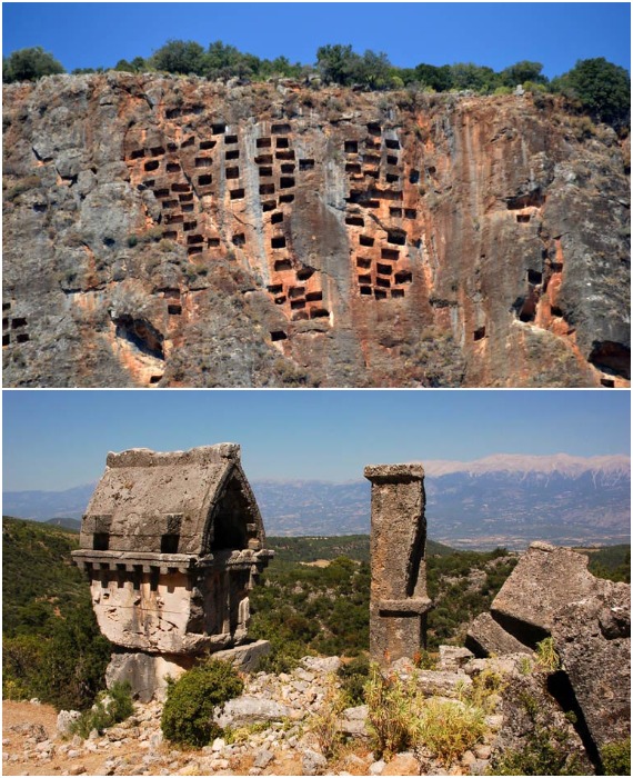 Гробницы, высеченные в скалах, демонстрируют передовые архитектурные навыки древних ликийцев (Пинара, Турция).