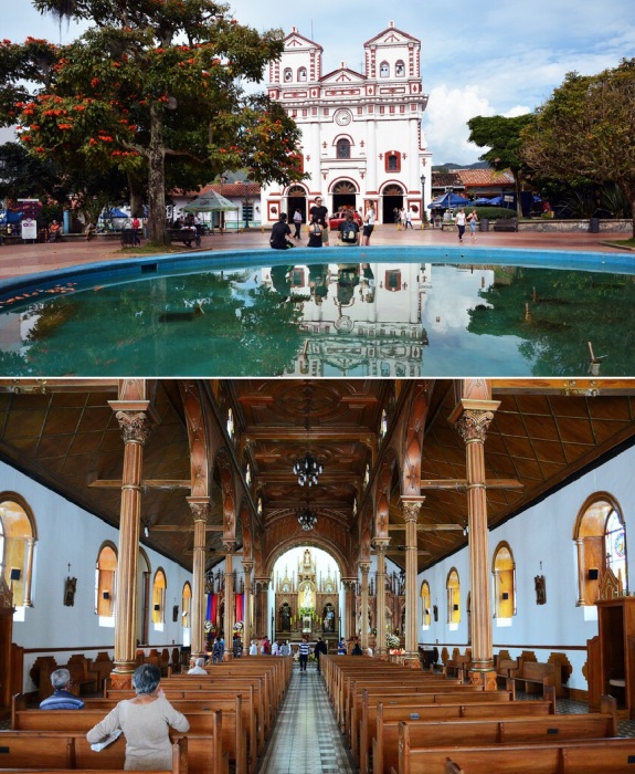 На центральной площади городка имеется католическая церковь, куда вход открыт и туристам (Guatape, Колумбия).