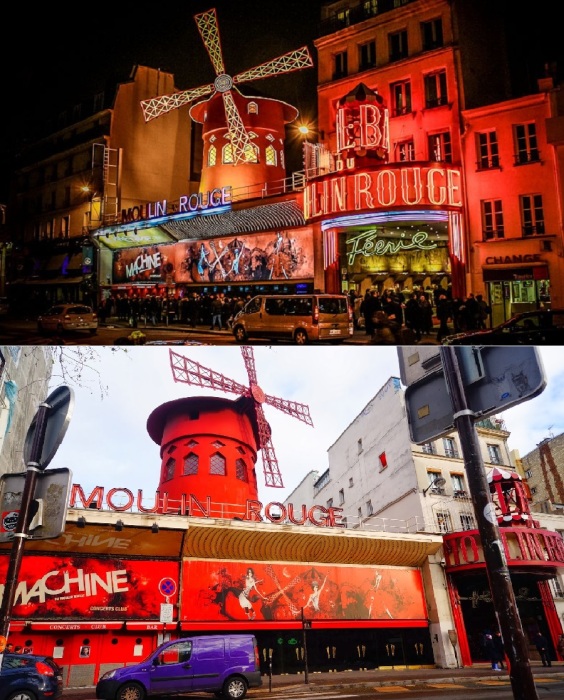 Вращающиеся лопасти «Красной мельницы» и яркие огни, как и в прошлые века привлекают посетителей со всего мира (Париж, Франция).