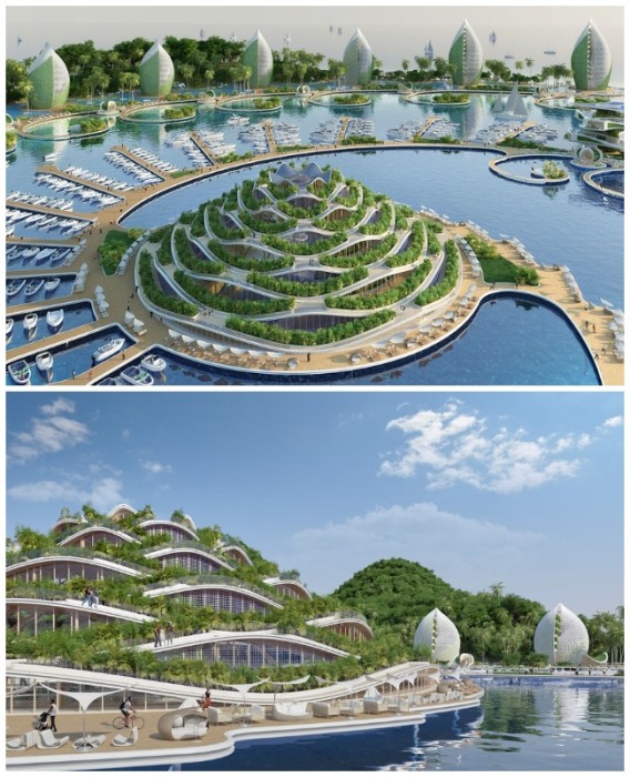 В центре курортного комплекса планируют разместить научно-исследовательский комплекс, напоминающий гигантскую фигурку оригами (концепт Nautilus).