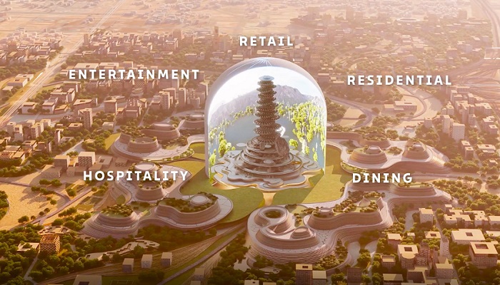 Многоярусная спиралевидная башня будет иметь голографическую оболочку, которая позволит менять окружающий мир в считанные секунды (концепт New Murabba, Mukaab). | Фото: arabianbusiness.com.