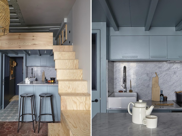 Кухонный уголок спрятан под лестницей (Blue Streak, Париж).