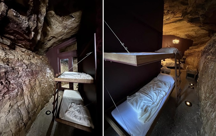 В узких галереях Dunlap Hollow Cave установлены двухъярусные кровати. В узких галереях Dunlap Hollow Cave установлены двухъярусные кровати.