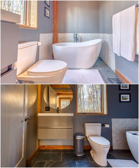 Интерьер ванной комнаты, расположенной на первом этаже загородного дома Catskills Cabin (Кэтскилл, США).