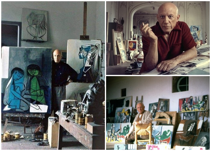 Пабло Пикассо на фоне крошечной части своих произведений.